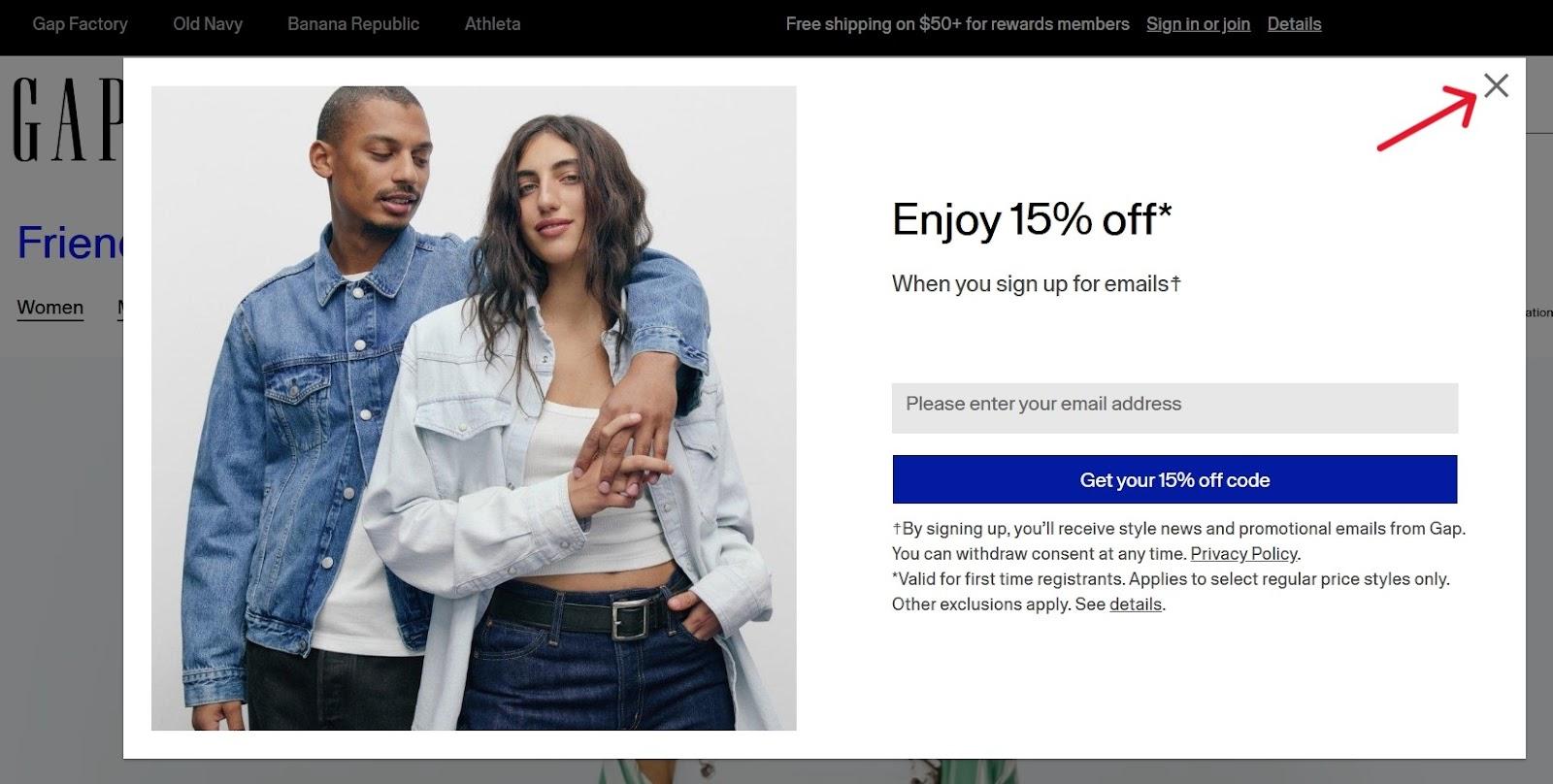Gap splash page with email signup form and promotional offer for new subscribers